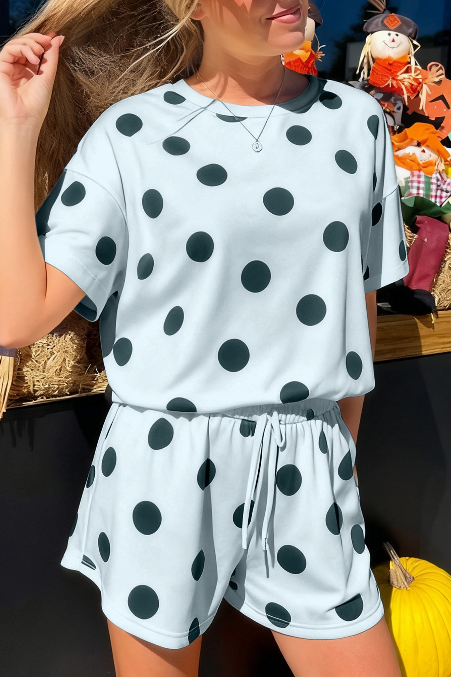 Pink Polka Dot Print Loose Tee Drawstring Elastic Waist Short Set