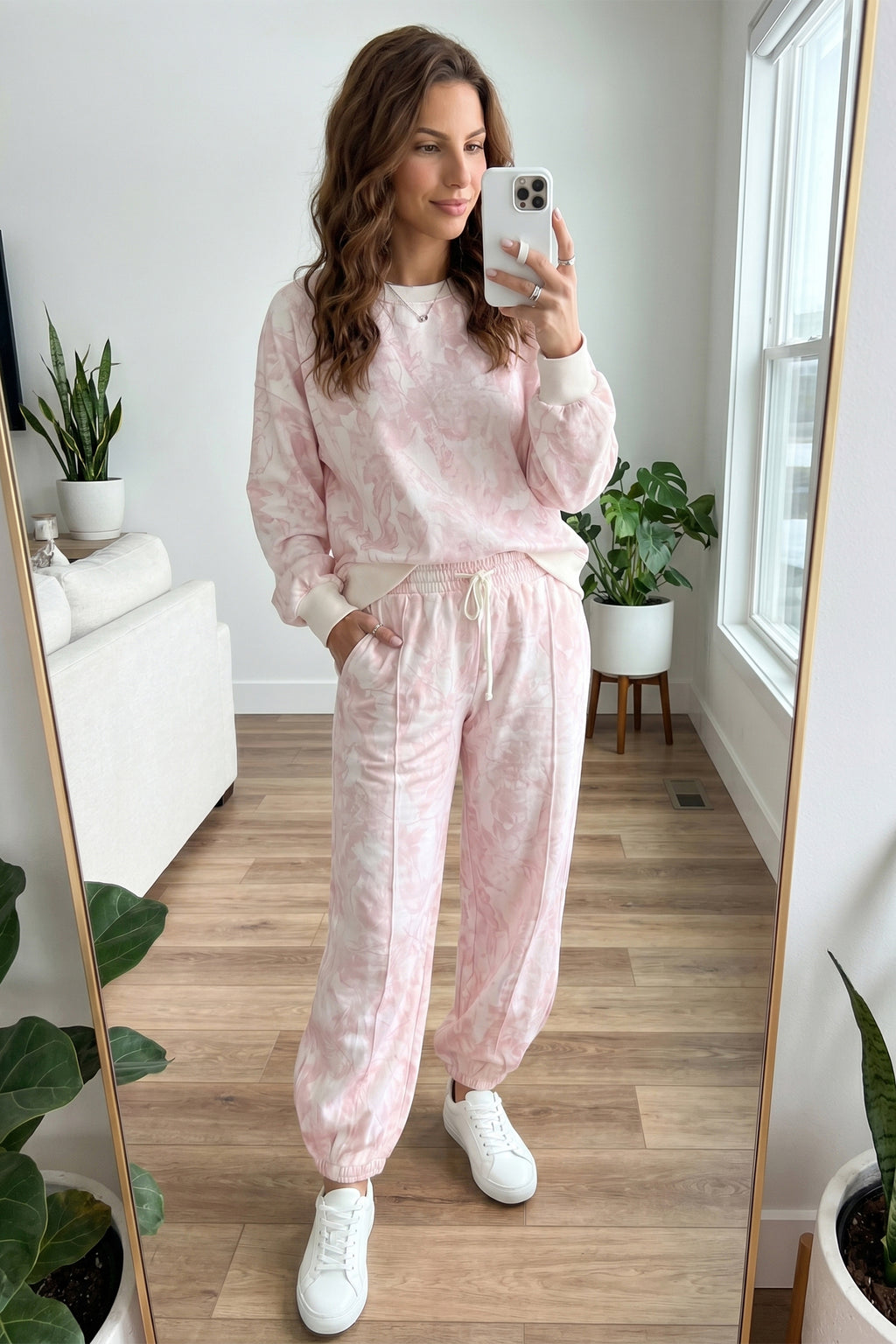 Pink Abstract Print Drop Shoulder Drawstring Waist Drawstring Hem Pant Set