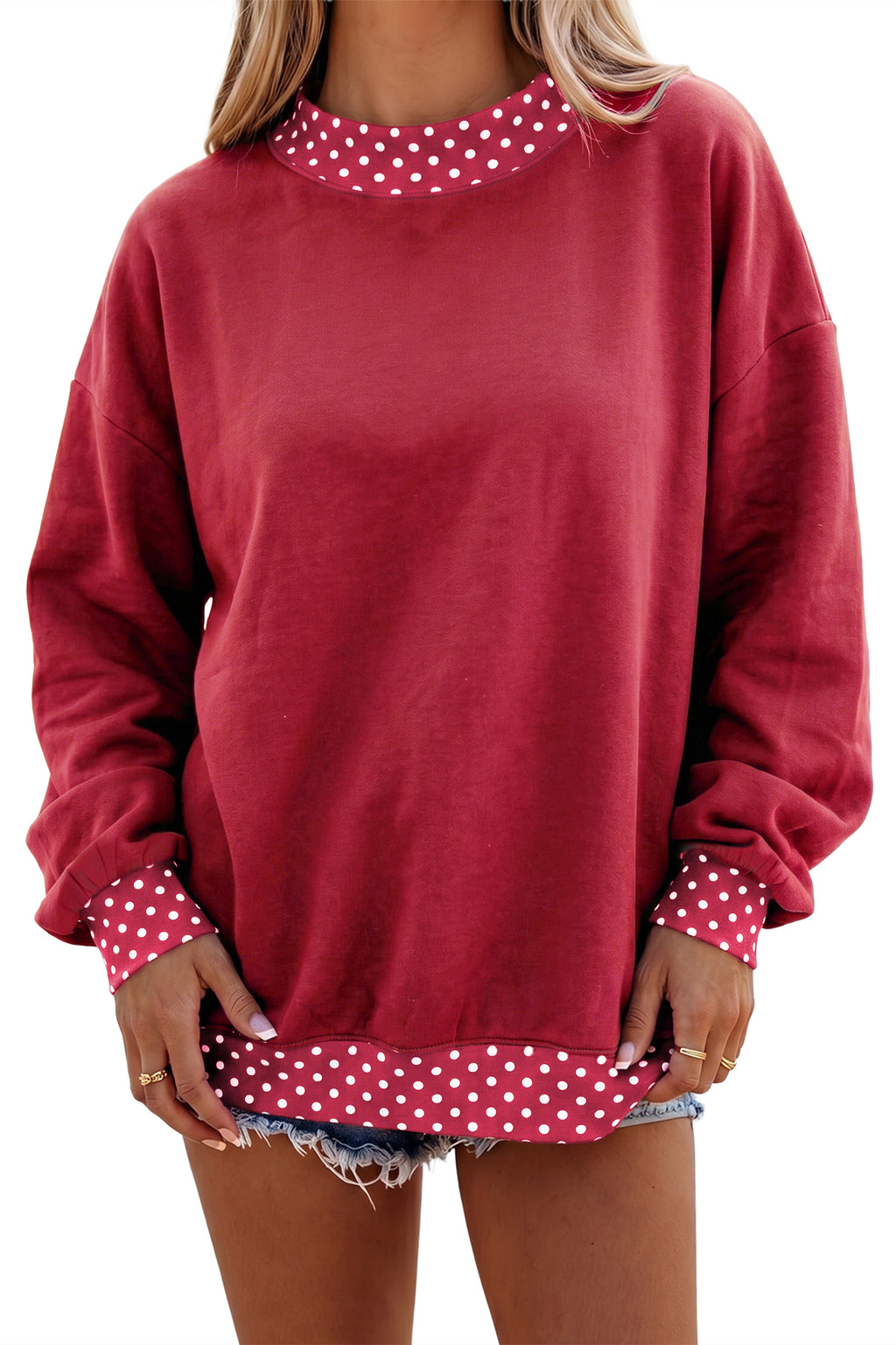 Pink Colorblock Polka Dot Contrast Trim Oversized Sweatshirt