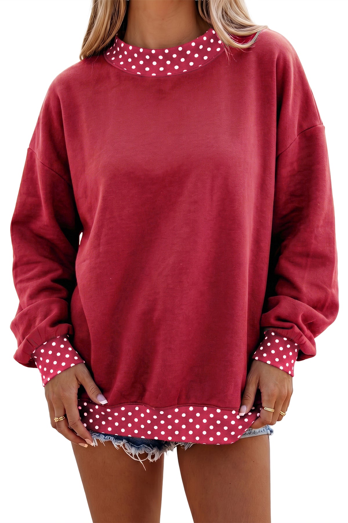Pink Colorblock Polka Dot Contrast Trim Oversized Sweatshirt