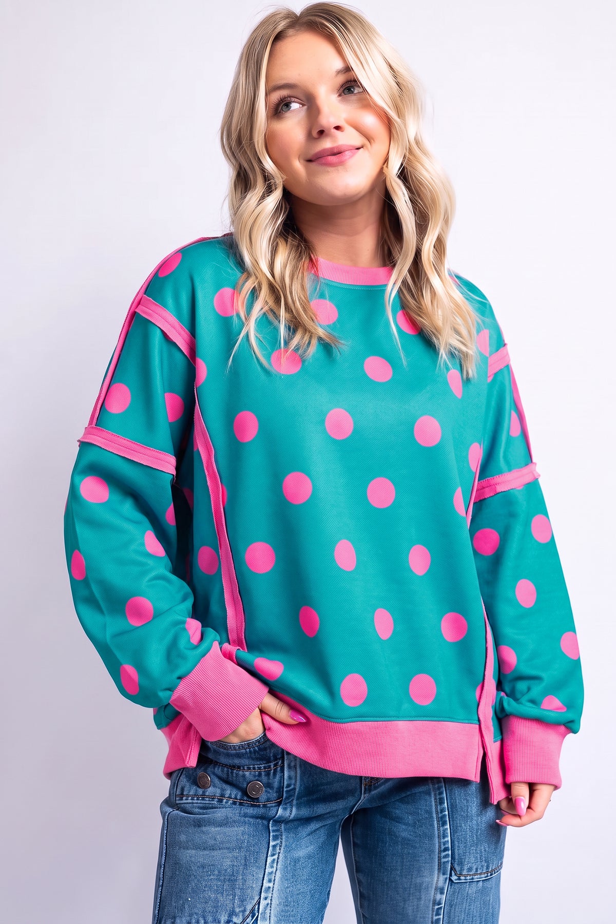 Black Polka Dot Contrast Patchwork Round Neck Baggy Sweatshirt