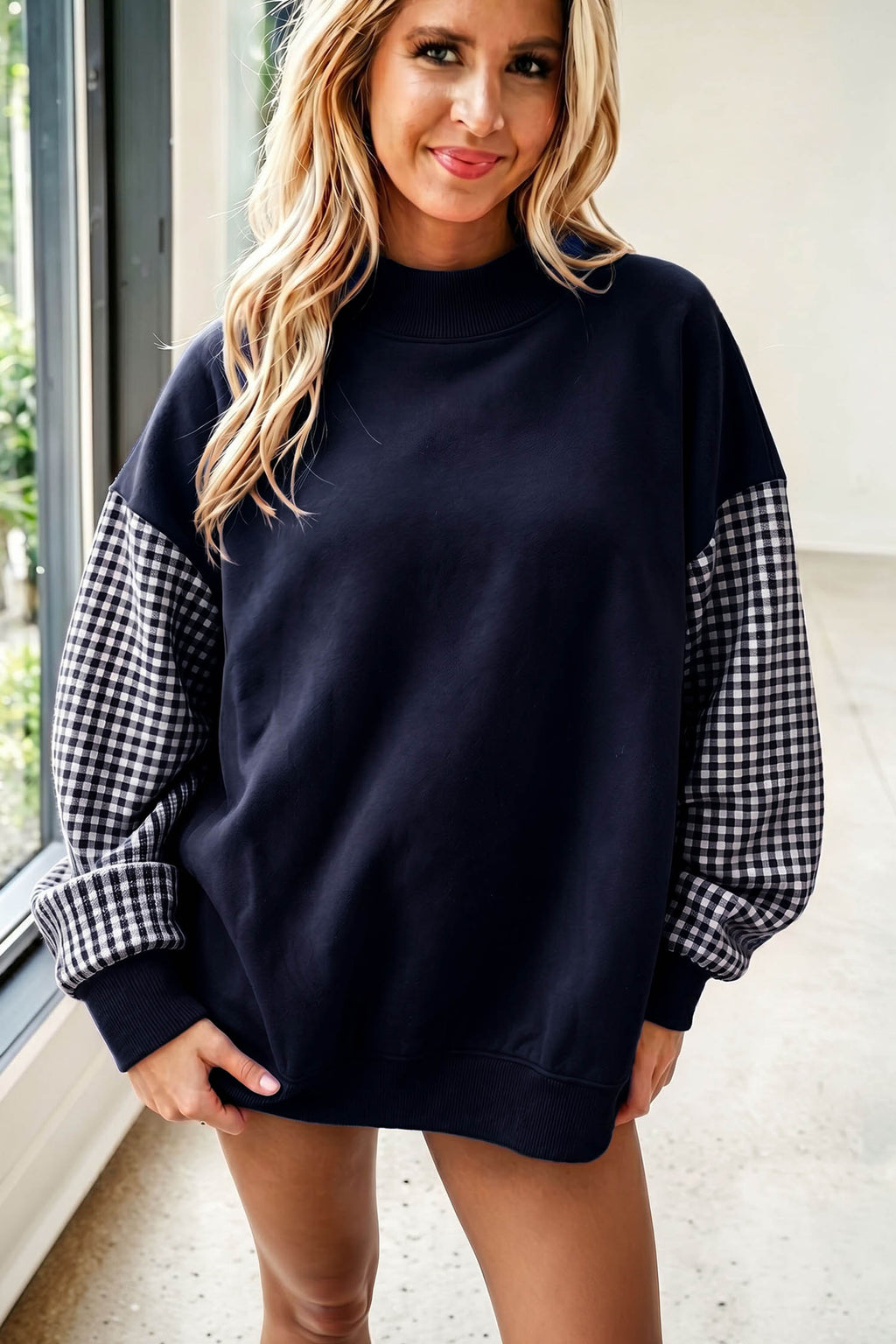 Pink Plaid Sleeve Colorblock Loose Tunic Sweatshirt