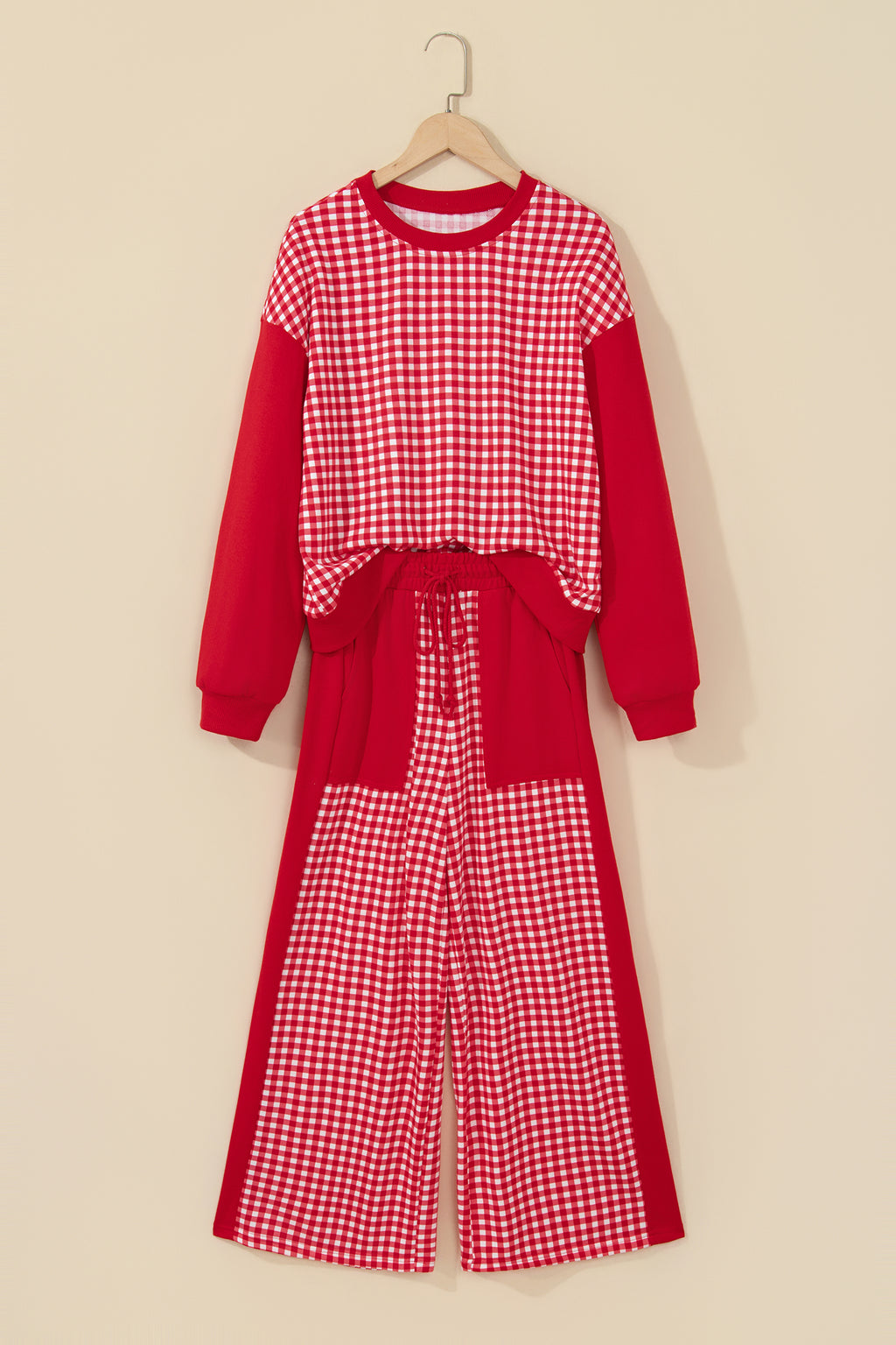 Pink Color Block Plaid Patchwork Long Sleeve Pullover Wide Leg Pant Set