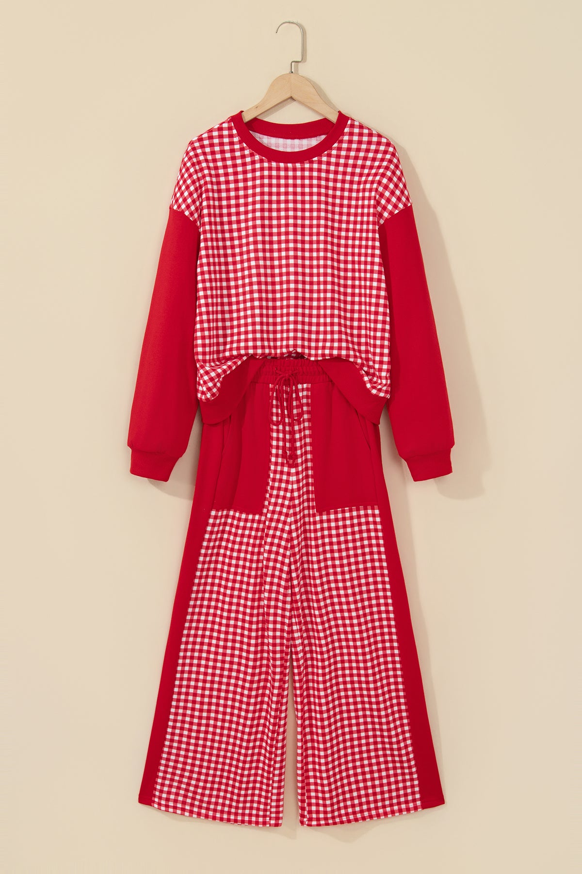 Pink Color Block Plaid Patchwork Long Sleeve Pullover Wide Leg Pant Set