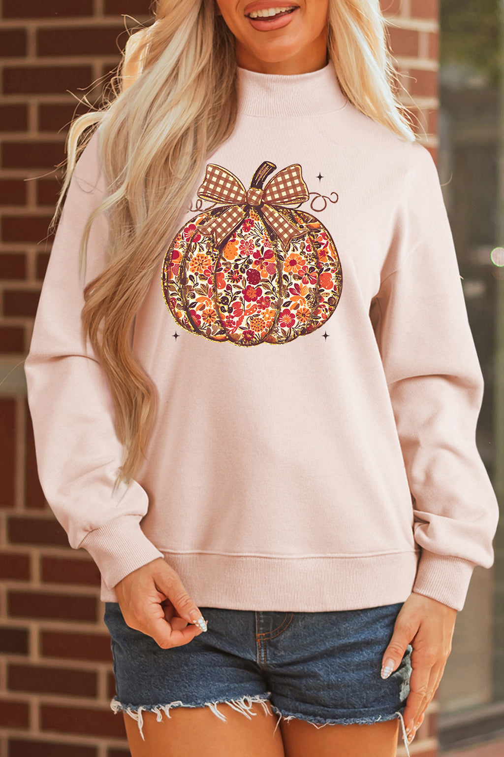 Apricot Pink Floral Pumpkin Graphic Mock Neck Oversized Sweatshirt