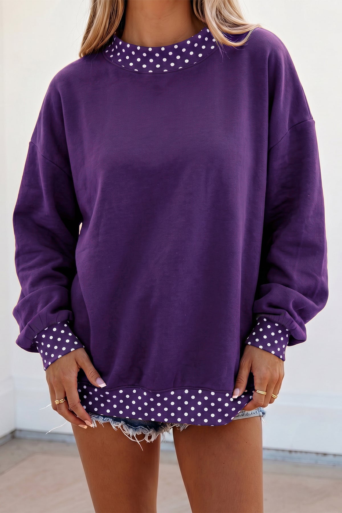 Pink Colorblock Polka Dot Contrast Trim Oversized Sweatshirt