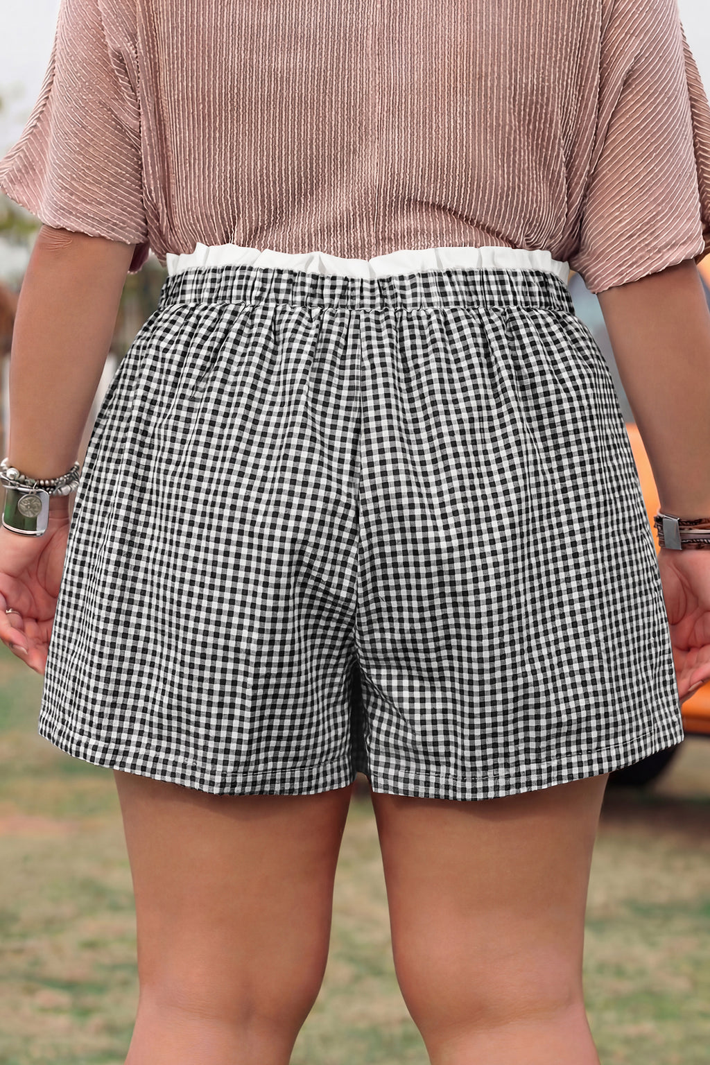 Red Contrast Trim Plaid Print Plus Size Shorts