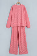 Pink Striped Drop Shoulder Long Sleeve Pant Set