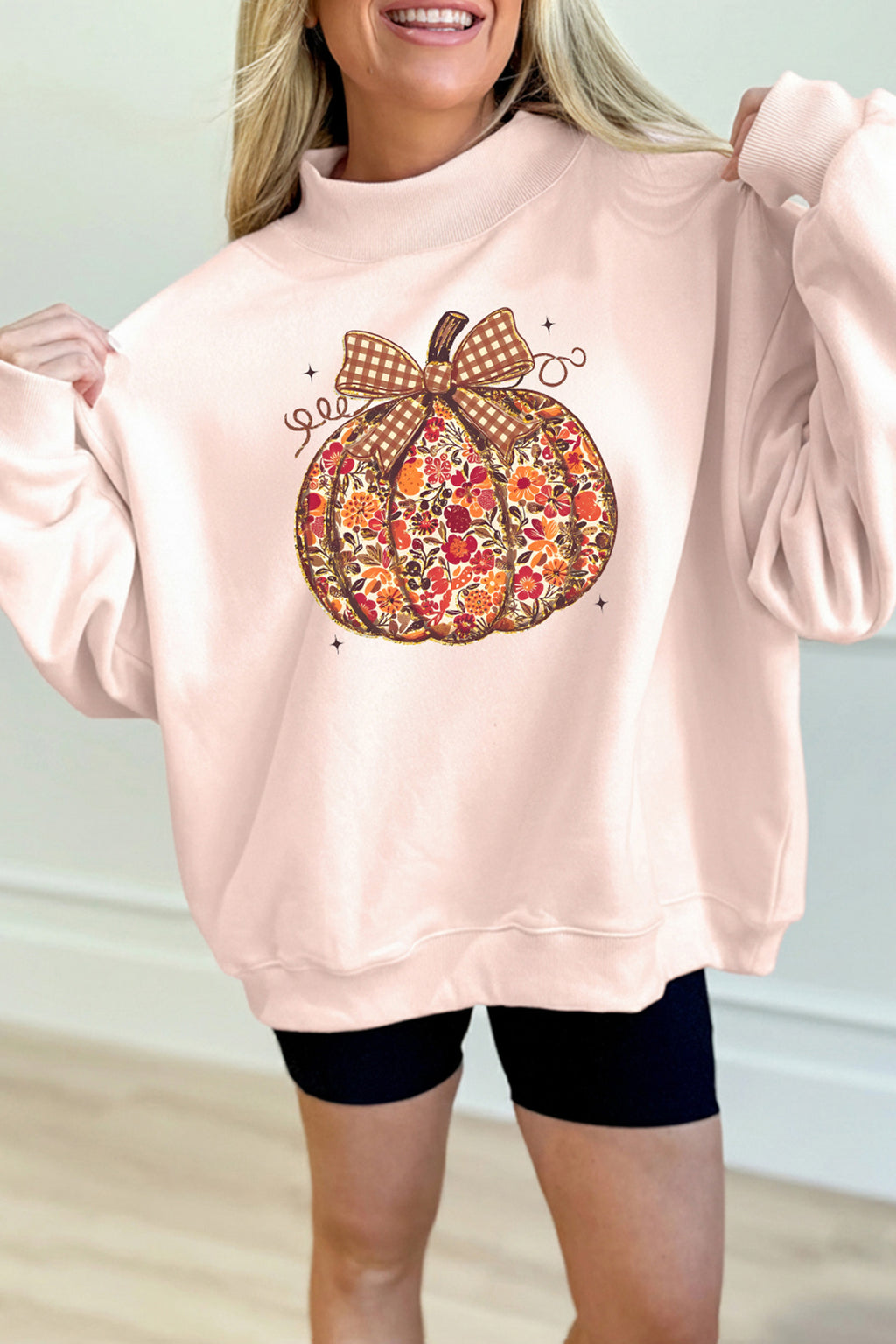 Apricot Pink Floral Pumpkin Graphic Mock Neck Oversized Sweatshirt