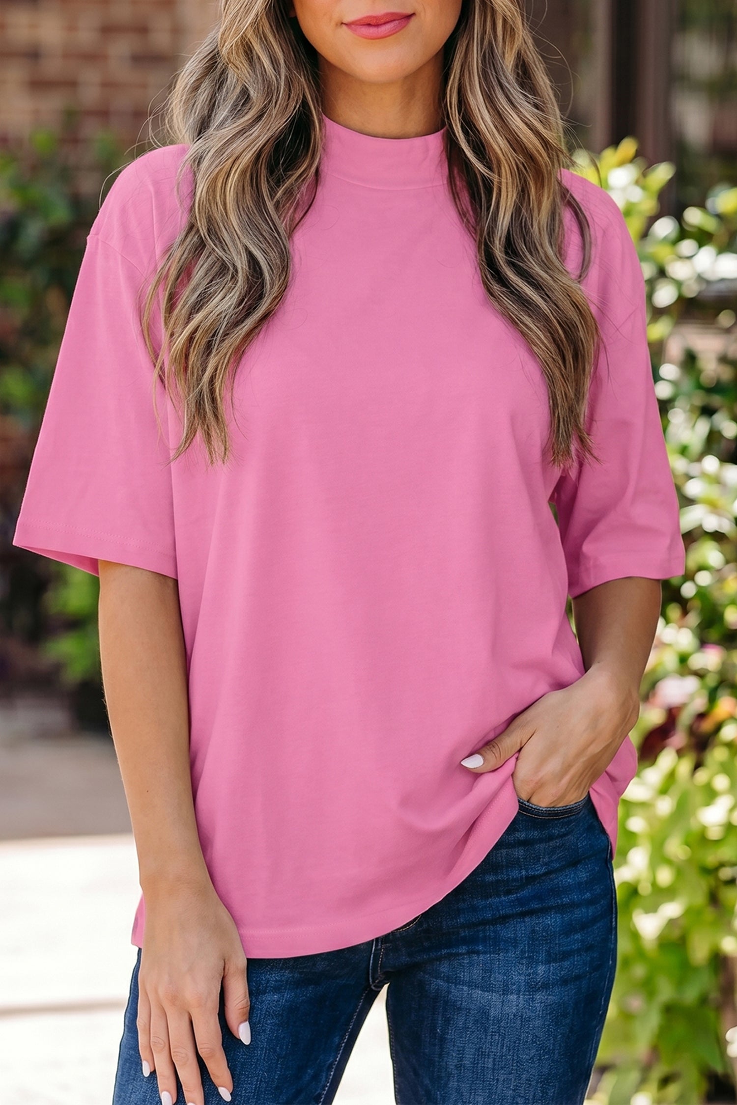 Beau Blue Solid Color High Neck Oversize Tee