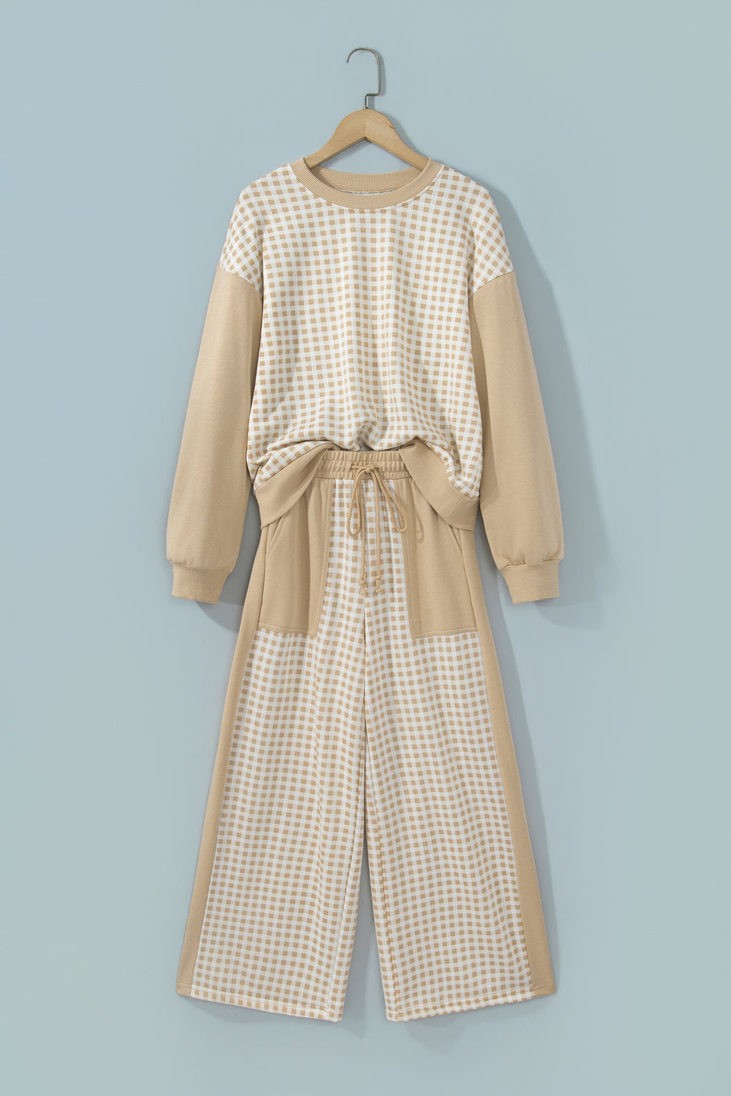 Pink Color Block Plaid Patchwork Long Sleeve Pullover Wide Leg Pant Set