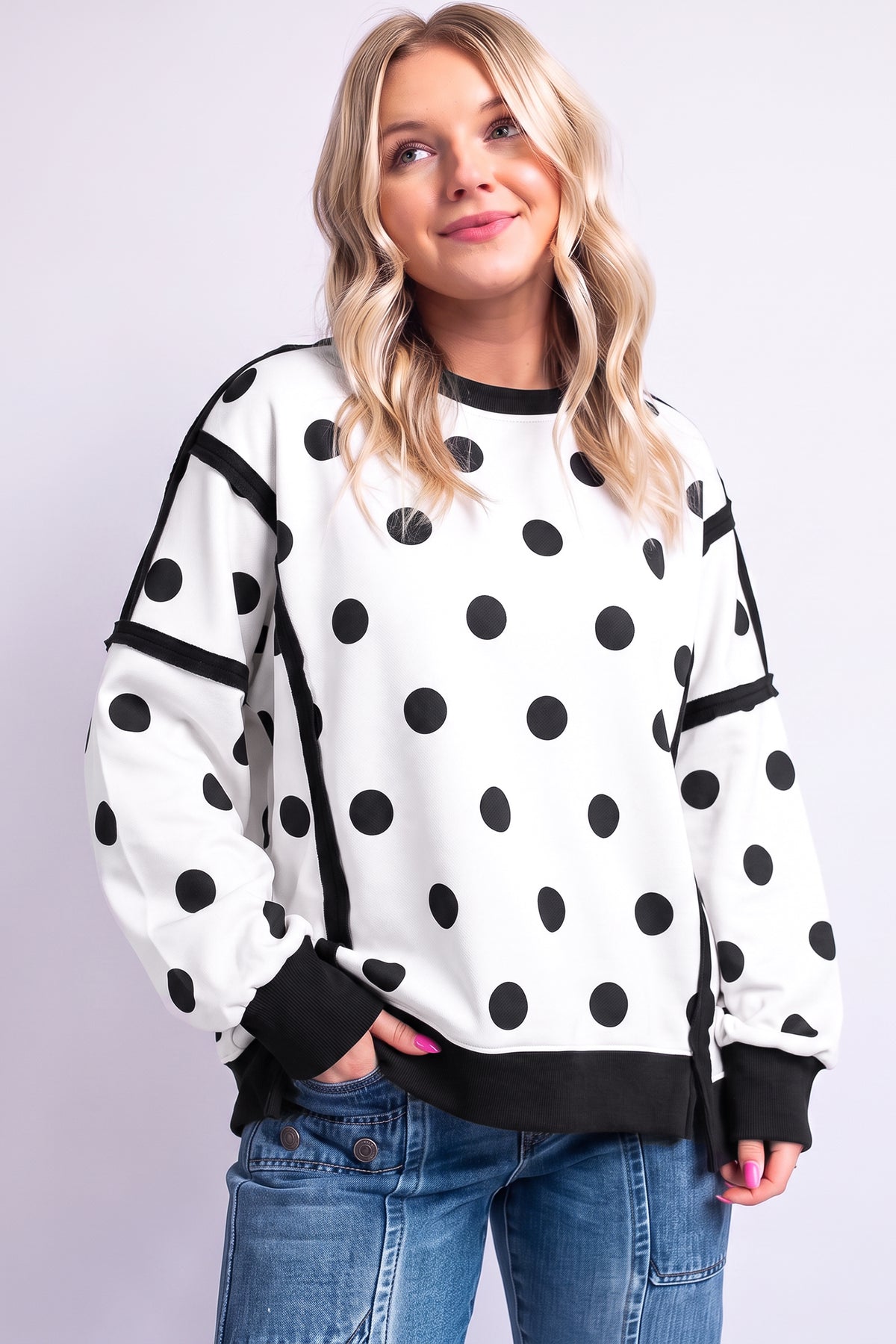 Black Polka Dot Contrast Patchwork Round Neck Baggy Sweatshirt