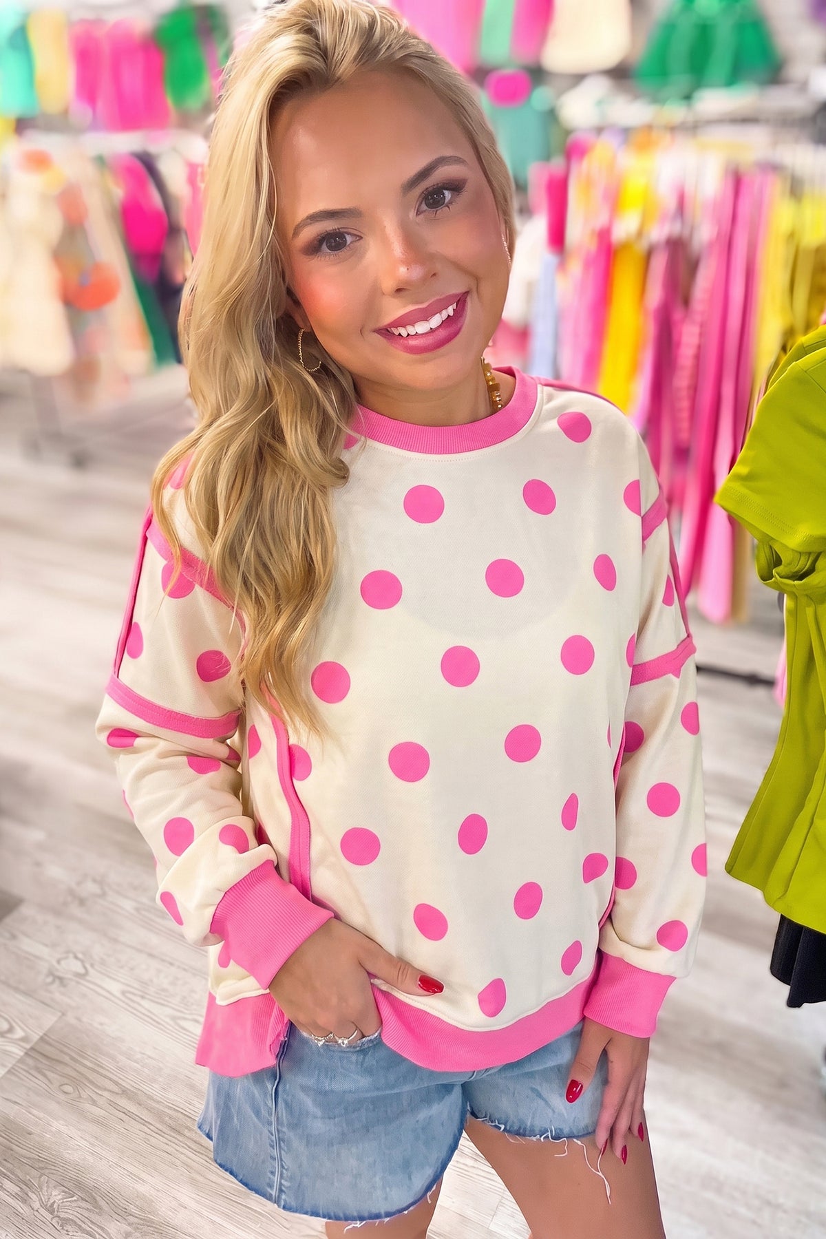 Black Polka Dot Contrast Patchwork Round Neck Baggy Sweatshirt