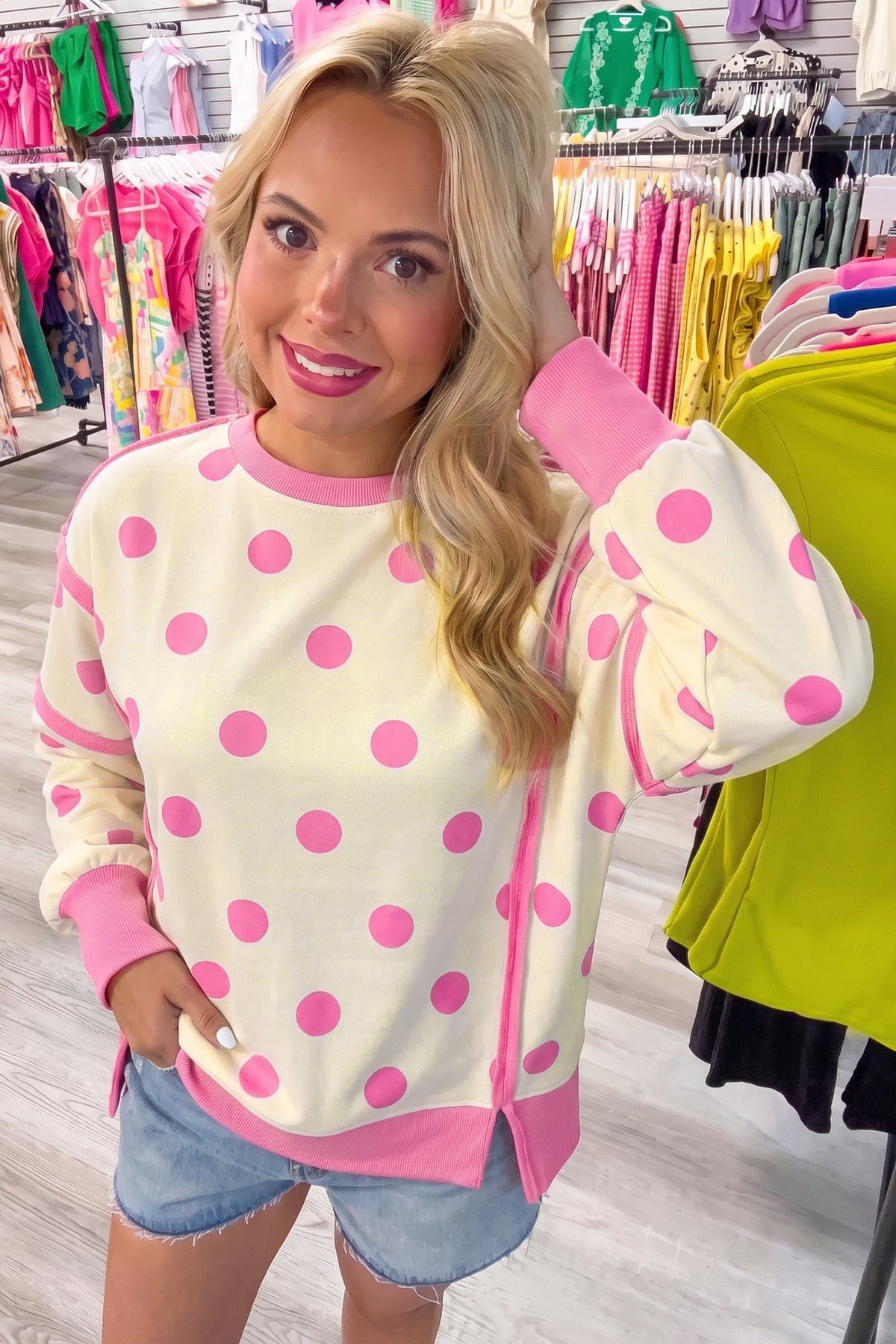 Black Polka Dot Contrast Patchwork Round Neck Baggy Sweatshirt