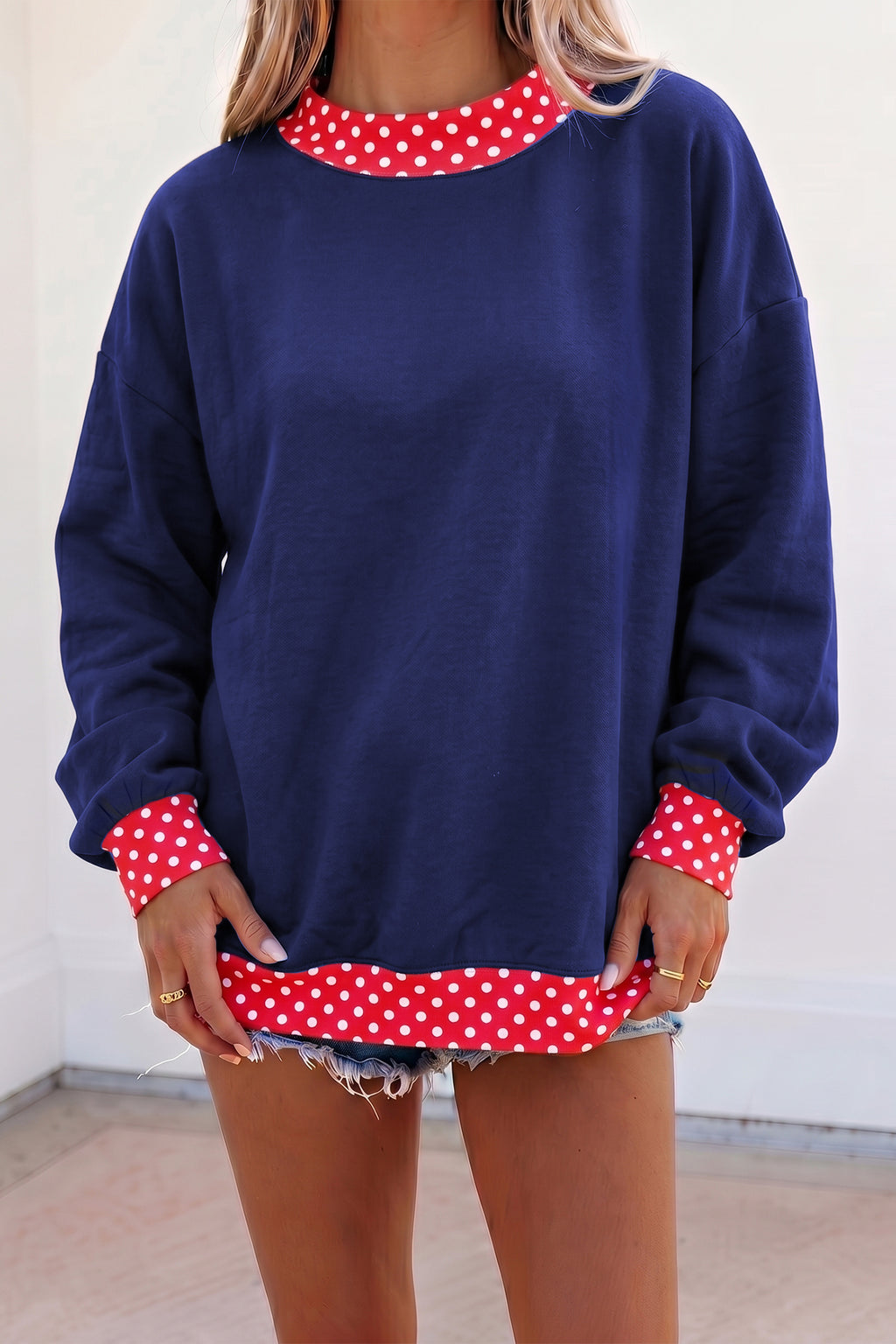 Dirty blue Colorblock Polka Dot Contrast Trim Oversized Sweatshirt