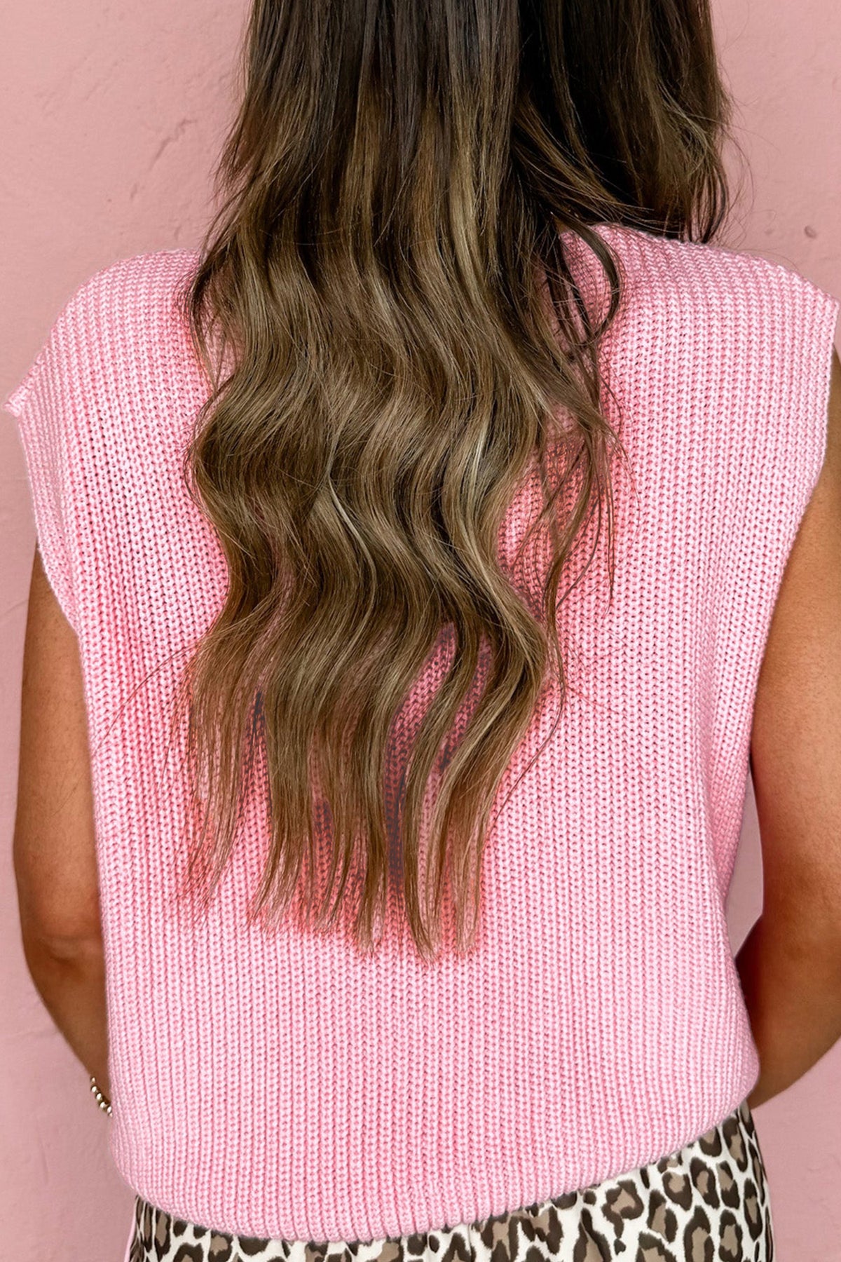Pink Solid Color Knit V Neck Button Front Sweater Vest
