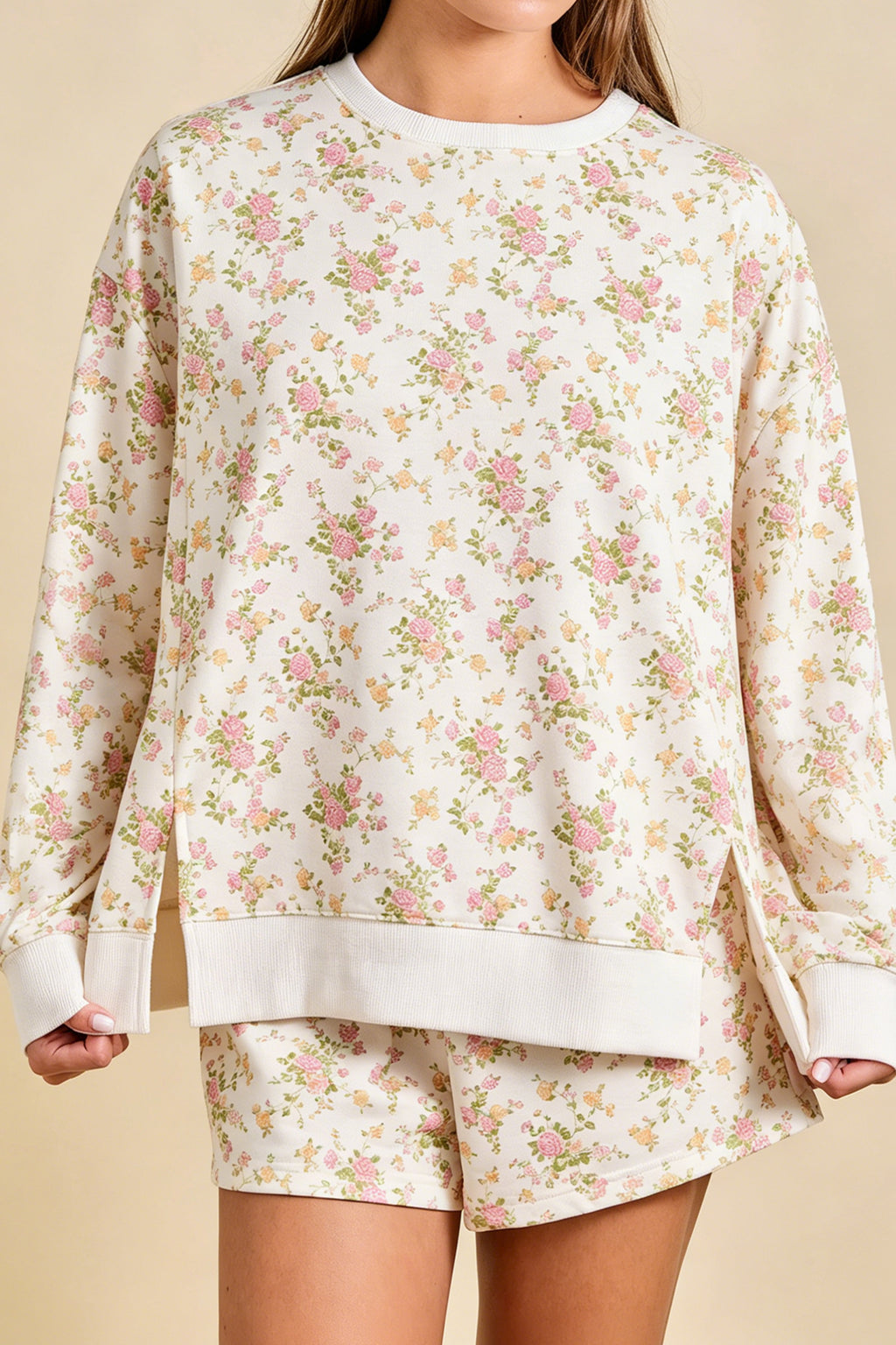 Beige Floral Print Long Sleeve Shift Top Pocketed Shorts 2pcs Set