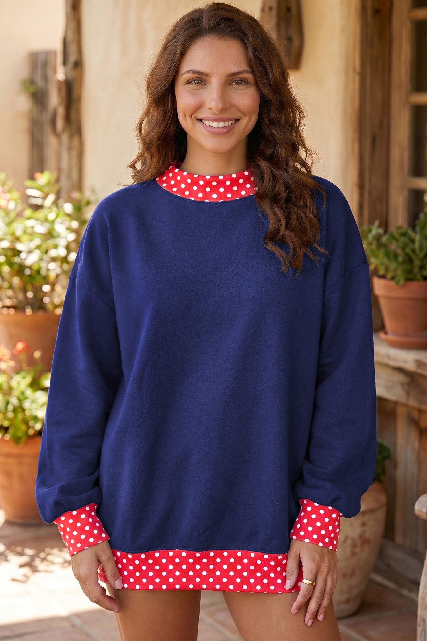 Dirty blue Colorblock Polka Dot Contrast Trim Oversized Sweatshirt