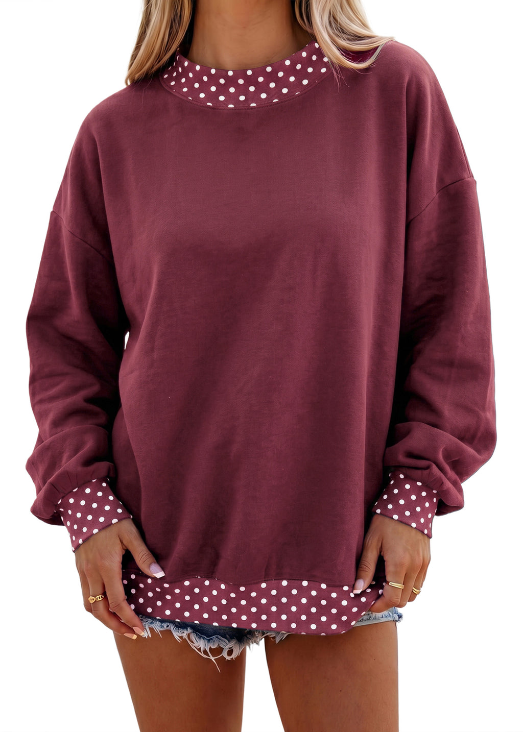 Pink Colorblock Polka Dot Contrast Trim Oversized Sweatshirt