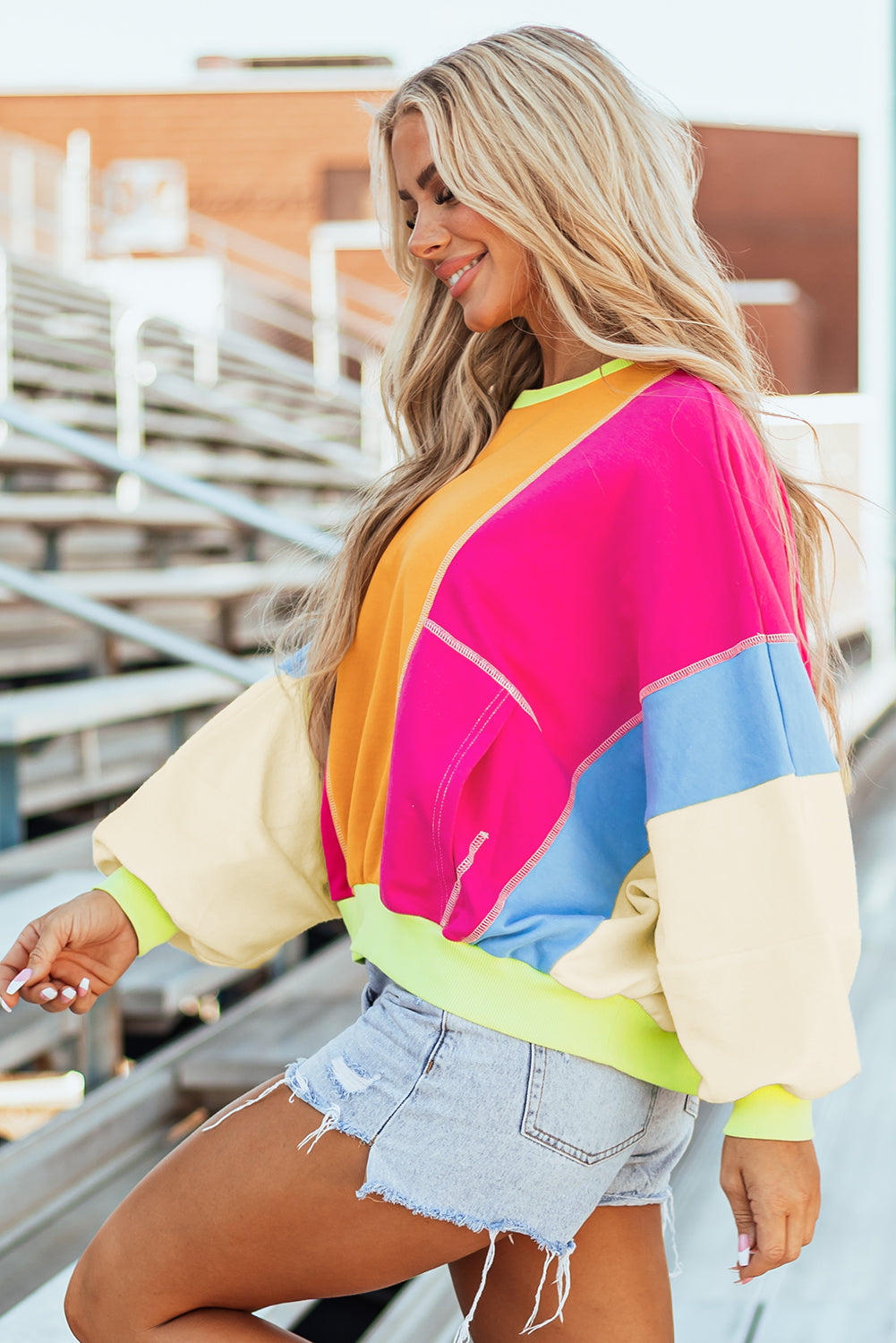 Grapefruit Orange Colorblock Patchwork Exposed Stitching Oversize Top