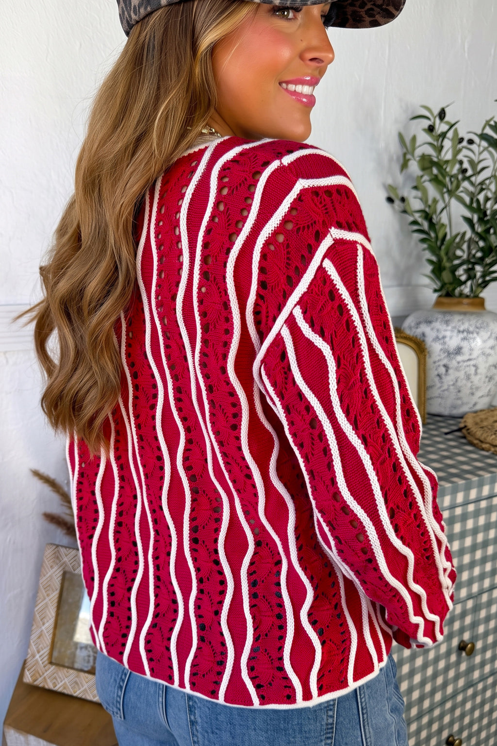 Pink Wavy Detail Hollow Out Knit Long Sleeve Cotton Pullover Sweater
