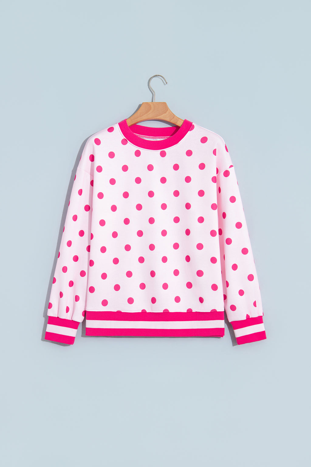 Pink Polka Dot Colorblock Round Neck Pullover Sweatshirt