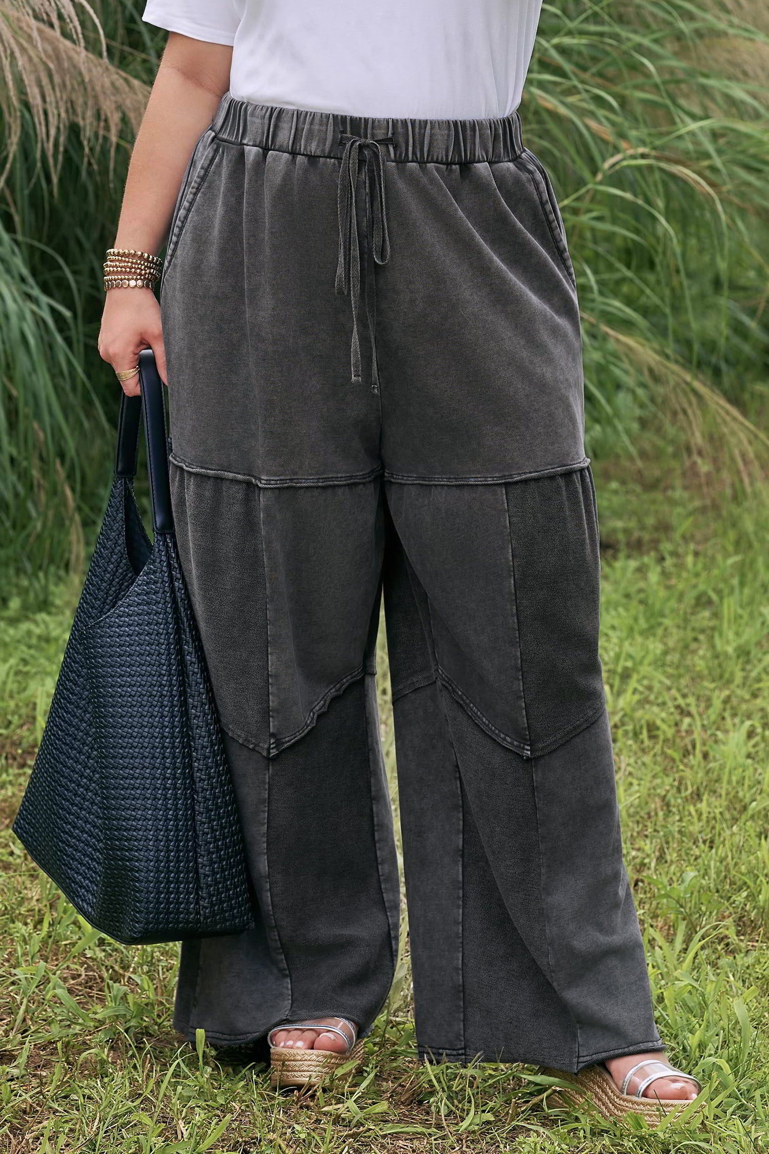 Black Plus Size Mineral Wash Exposed Seam Patchwork Drawstring Loose Pants