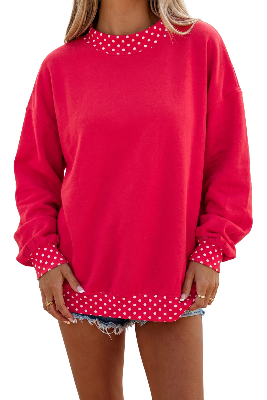 Dirty blue Colorblock Polka Dot Contrast Trim Oversized Sweatshirt