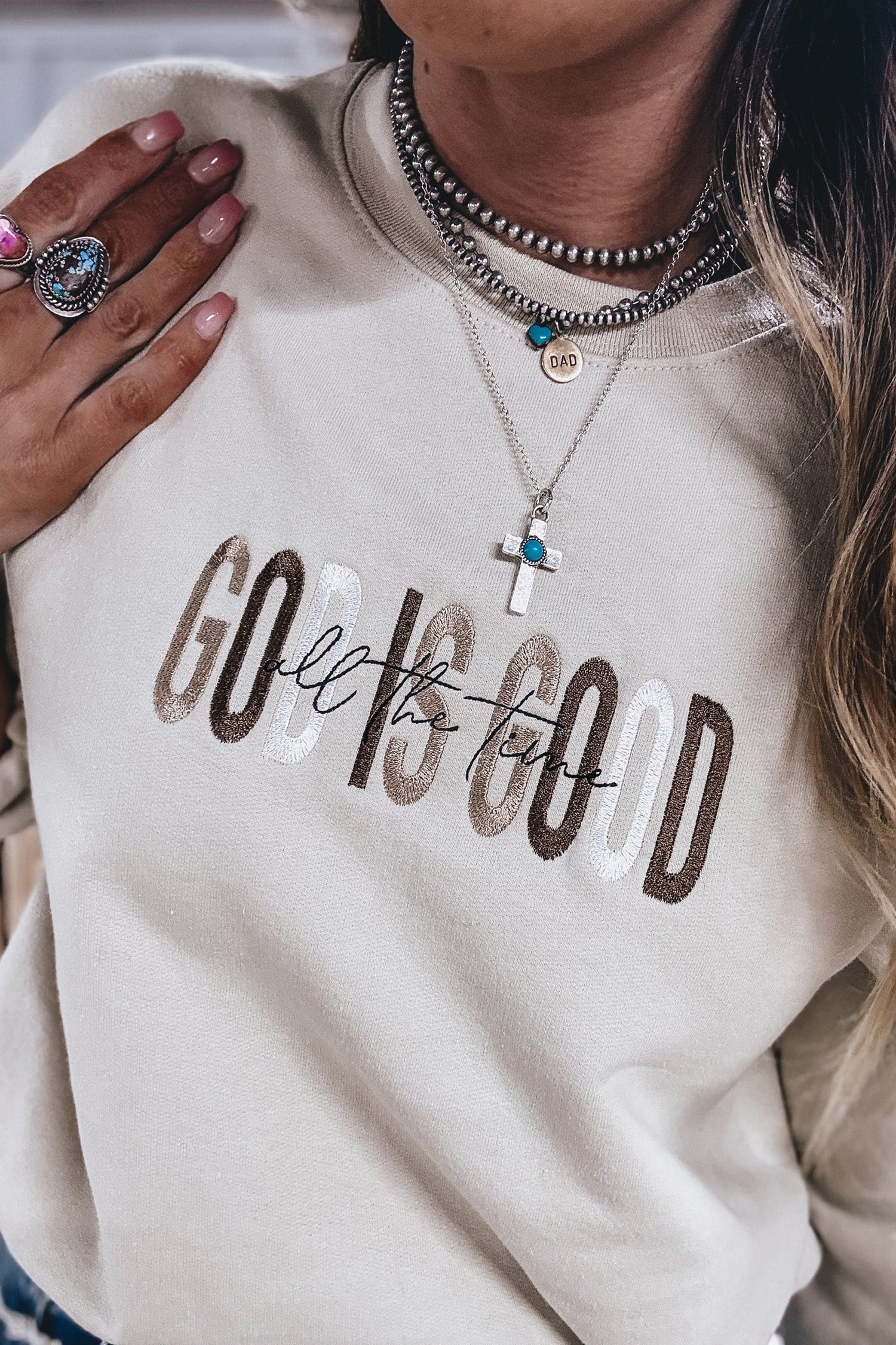 Jet Stream GOD IS GOOD Western Embroidered Letter Crewneck Pullover Sweatshirt