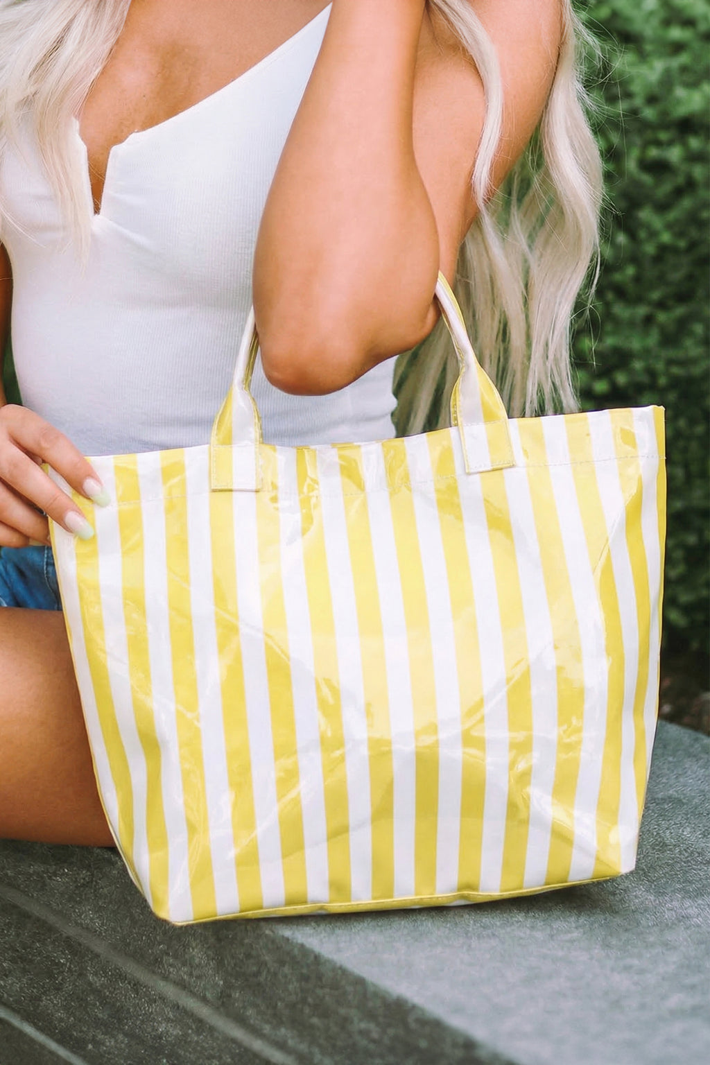 Pink Glossy Striped Vinyl Large Tote Bag (Color Varied)