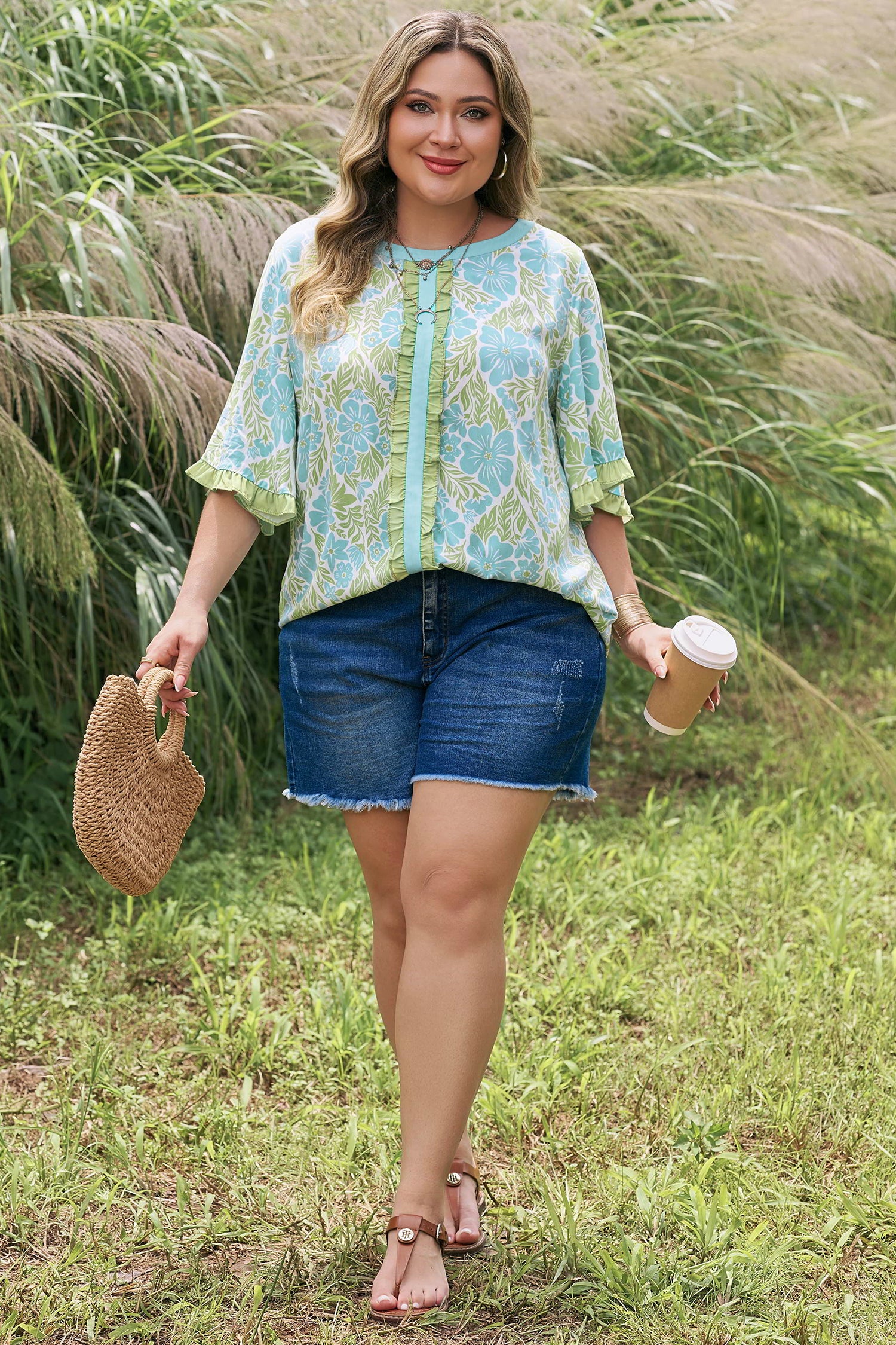 Sky Blue Plus Size Floral Print Frilled Color Block Trim Short Sleeve Blouse
