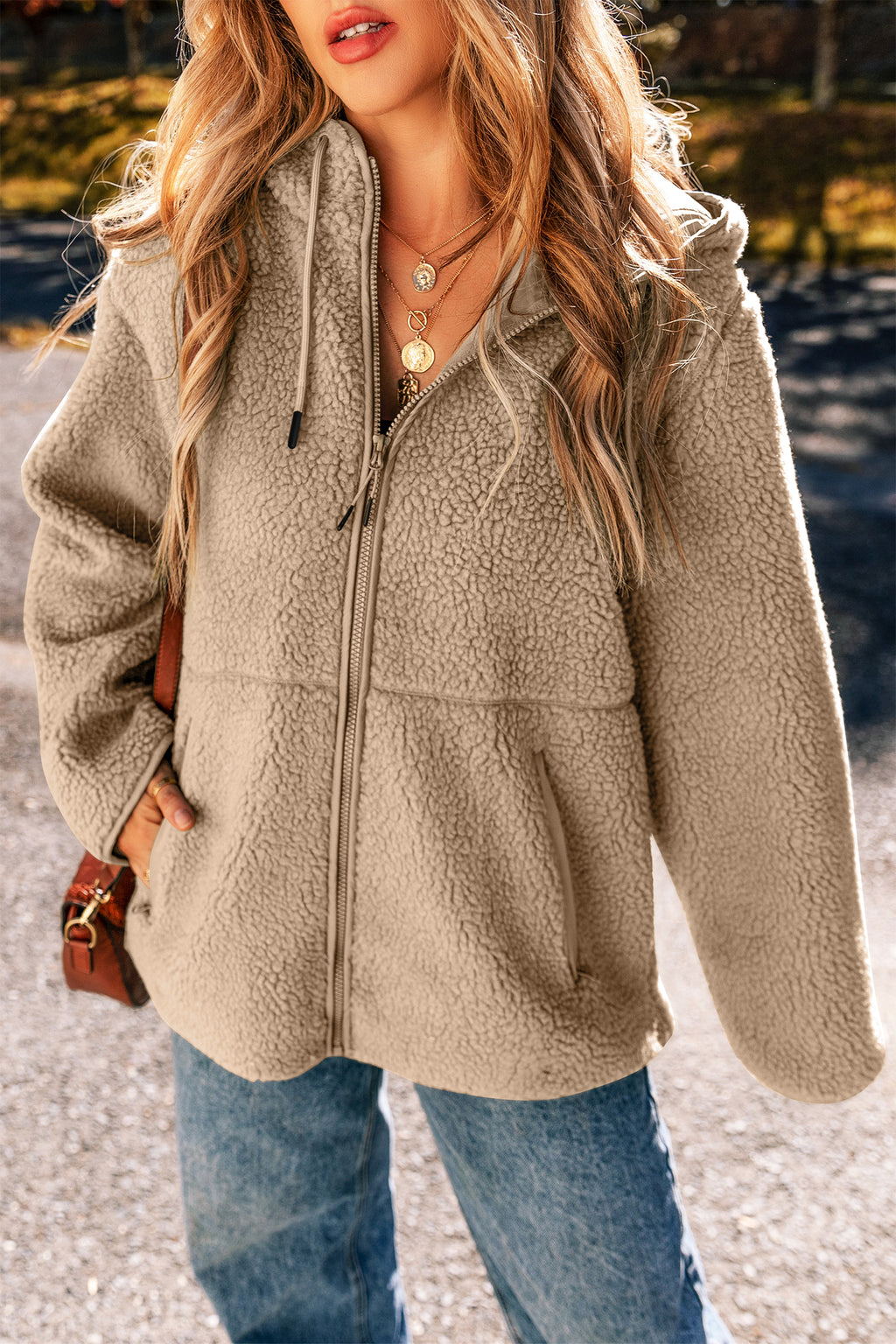 Pale Khaki Fleece Zip Up Drawstring Hooded Pocketed Jacket