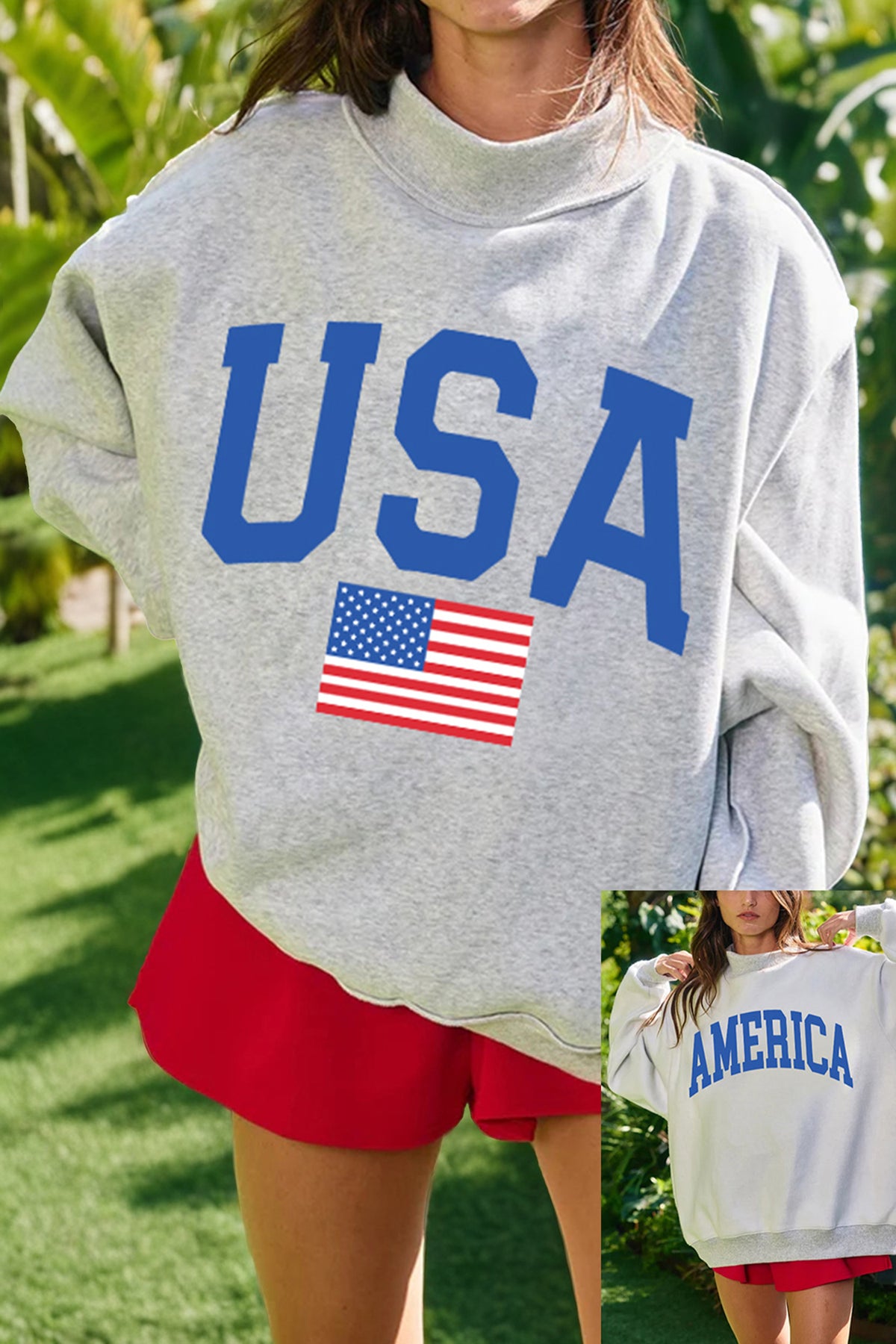 Dark Blue Mock Neck Reversible USA/America Graphic Sweatshirt