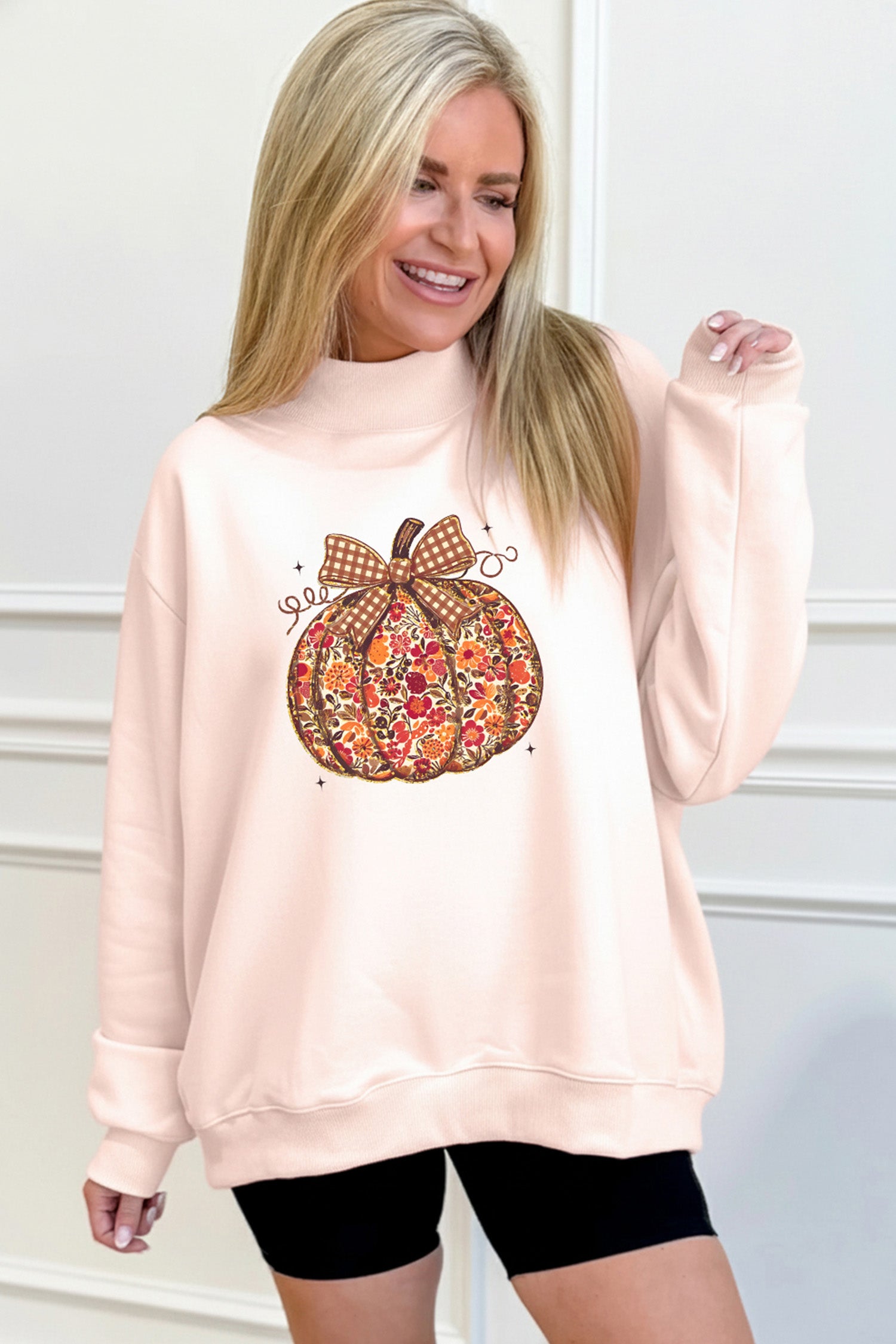 Apricot Pink Floral Pumpkin Graphic Mock Neck Oversized Sweatshirt