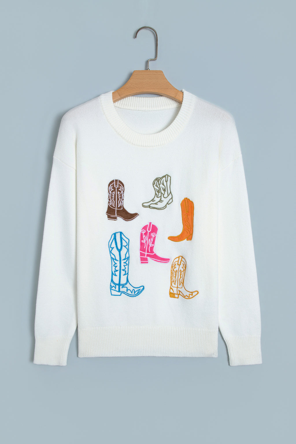 White Western Boots Embroidered Graphic Drop Shoulder Pullover Sweater